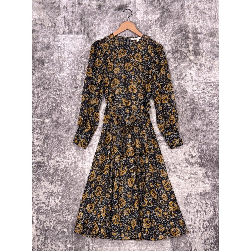 Veronica Beard Dress 2 Womens Oneida Silk Floral Sheer Long Sleeve Midi Belted